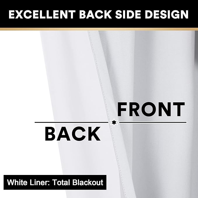 PrinceDeco 100% Blackout Linen Textured Curtains for Bedroom Solid Thermal Insulated with White Liner Room Darkening Burlap Grommet Textured Curtains for Livng Room,52" W x 54" L,Pure White