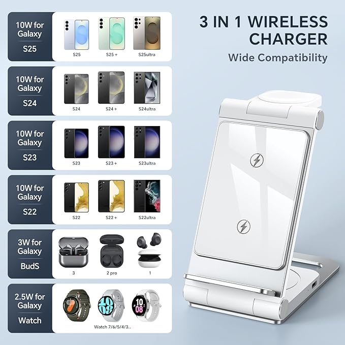 Wireless Charger for Samsung 3 in 1 Wireless Charging Station Foldable Wireless Charger Stand for Galaxy S25 S24 S23 S22 S21 Ultra/Plus Z Flip Z Fold 7 6 5 4 3 for Galaxy Watch/Galaxy Buds
