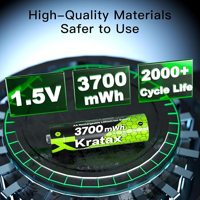 Kratax 3700mWh AA Rechargeable Lithium Batteries with Charger, 12pack high Capacity Double A li-ion Batteries 1.5v, Long Lasting, Ultra-Thin Battery Charger with AA Lithium Battery Rechargeable