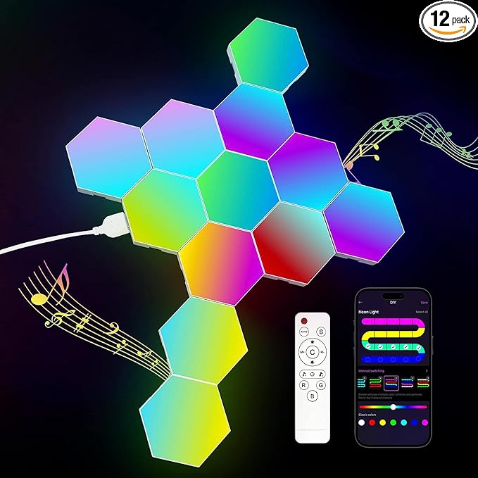 JIMIMORO 12-Pack Hexagon Light Panels – Smart RGB LED Wall Lights with App & Remote – Music Sync Gaming Lights for Room Decor, Birthday & Party Gifts for Boys, Teens, Men, Boyfriends, and Kids