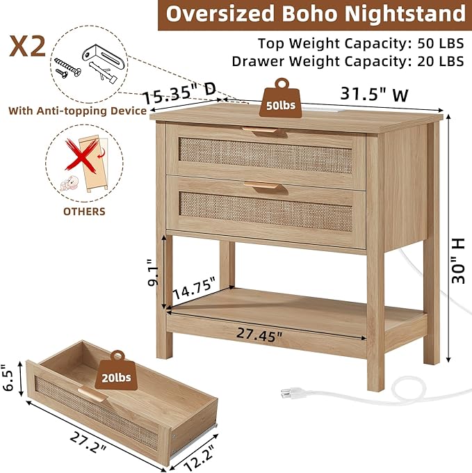 LEYAOYAO 31.5" Wide Rattan Night Stand with Charger Station, Oversized Large Boho Nightstand with 2 Drawer, Natural Wood Bed Side End Tables, Tall Bedside Table for Bedroom Living Room, Hallway