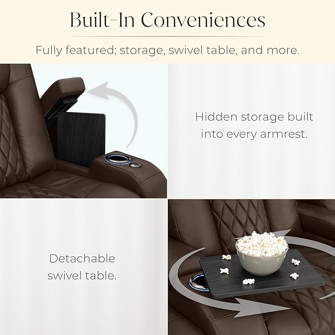 Seatcraft Diamante Zero-Gravity CoolZero Italian Leather Home Theater Seating, Power Headrest, Power Recline, Row of 3 Left Loveseat, Brown