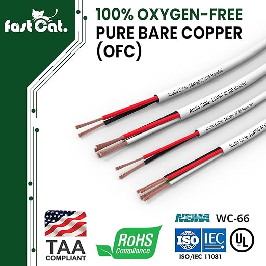 fast Cat. Speaker Wire 16 Guage 2C, UL Listed & CMR/CL3R-FT4 Rated - Speaker Cable w/PVC Jacket, 100% Oxygen-Free Pure Bare Copper - (65) HighFlex 16 Guage Wire - in-Wall Use-500ft Bulk Cable, White