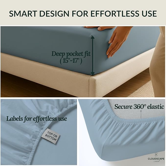 Cloud Scape Linen 100% Egyptian Cotton Sheets for Queen Size Bed, 400 Thread Count, 4 Pieces Bedding Set, Hotel Quality, Silky Soft, Deep Pockets up to 17”, French Blue