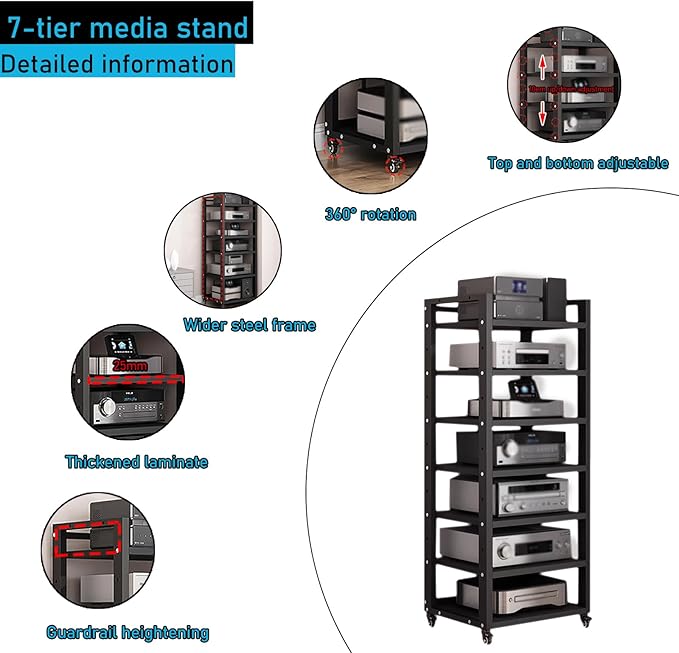 Dernoing 7 Tier Audio Rack Tower, CD Record Player Stereo Receiver AV Equipment Cabinet Display Rack, Weight Capacity 661 lbs, with Adjustable Wooden Shelves for Home (7 Tier Black)
