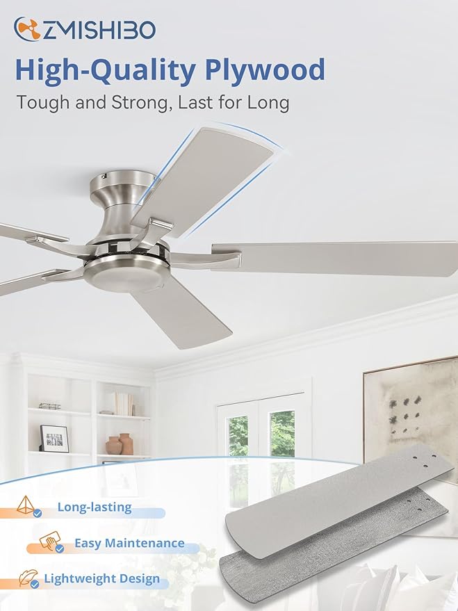ZMISHIBO 52 Inch Ceiling Fan No Light, Flush Mount Low Profile, Modern Nickel Ceiling Fan Without Light, Remote Control & Quiet DC Motor, for Indoor&Outdoor, Bedroom, Living Room