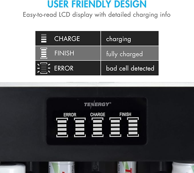 Tenergy TN486U 5-Bay Universal Battery Charger with LCD, Micro USB/Type C Input, for AA, AAA, C, D, and 9V Rechargeable Batteries