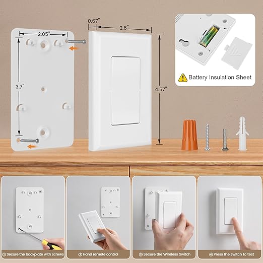 SURAIELEC Wireless Wall Switch Remote Control Outlet, No Wiring Needed, 100ft RF Range, Pre-Programmed, Expandable Remote Light Switch Kit for Plug in Pendant Light, Lamp, Small Electrical Appliance