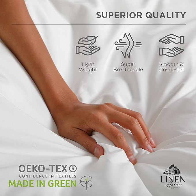 Linen Home 100% Cotton Percale Sheet Set, Twin Size, Ivory, Deep Pocket, 4 Pieces Set - 1 Flat, 1 Deep Pocket Fitted Sheet and 2 Pillowcases, Crisp Cool and Strong Bed Linen