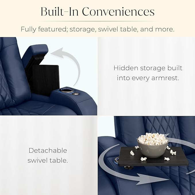 Seatcraft Diamante Zero-Gravity CoolZero Italian Leather Home Theater Seating, Power Headrest, Power Recline, Row of 4 Left Loveseat, Navy Blue