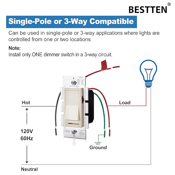 BESTTEN 10 Pack Almond Dimmer Light Switch, 3 Way or Single Pole Dimmer Switches, for Dimmable LED, Halogen and Incandescent Bulbs, 120V, Decorator Wall Plate Included, UL Listed