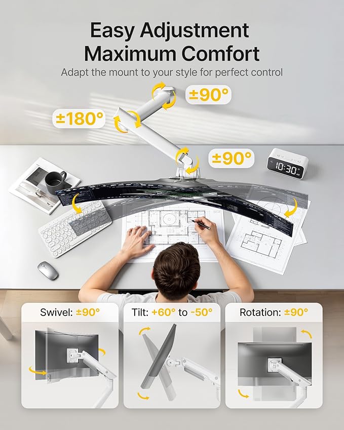 monTEK Heavy-Duty Single Monitor Wall Mount for 17-57” Ultrawide Screens up to 59.4lbs, Premium Aluminum Wall Mount Monitor Arm with Full Motion Adjustment, Pneumatic Lift, Max VESA 100x100