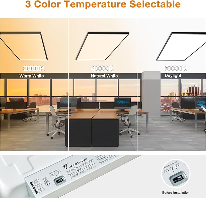 Mcacggo 4-Pack Black 2x4 FT LED Flat Panel Light Surface Mount 0-10V Dimmable, 100-277V, 5000K-4000K-3000K & 30W-40W-50W Switchable, with Direct Ceiling Mount Bracket, ETL Listed