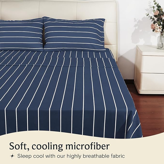 LuxClub 4 PC Full Sheet Set, Deep Pockets Wrinkle Free Cooling Bed Sheets Hotel Bedding for Women, Men, Includes 1 Fitted Sheet, 1 Flat Sheet and 2 Pillowcases-Striped - Navy