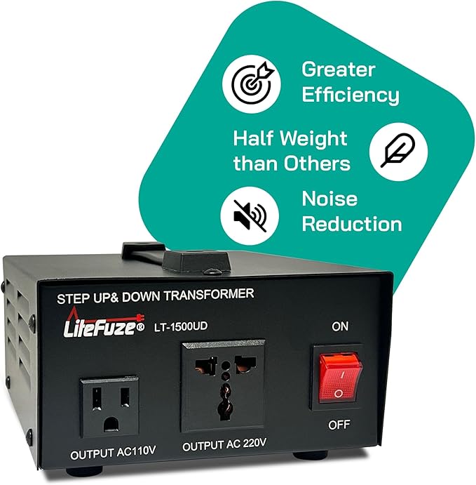 LiteFuze 1500 Watt Voltage Converter Transformer Step Up/Down - 110v to 220v / 220v to 110v Power Converter - Fully USA Grounded Cord - Universal Outlet Socket, 2x US Outlets - CE Certified