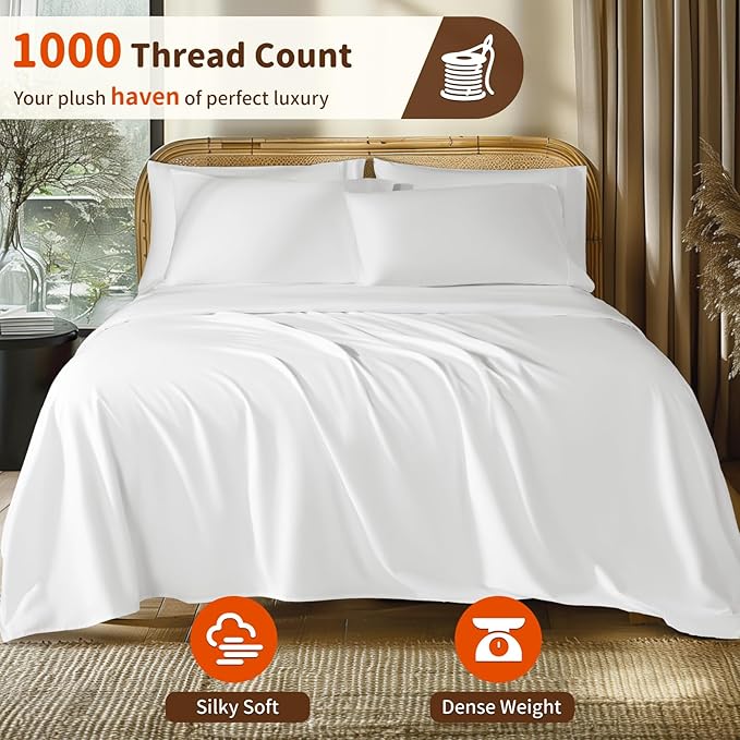 LBRO2M 1000 Thread Count 100% Egyptian Cotton Sheets Set 6 Piece Sets Queen Bed Sheet Deep Pocket Sheet Set 16" Soft Comfortable All Season (Queen, White)