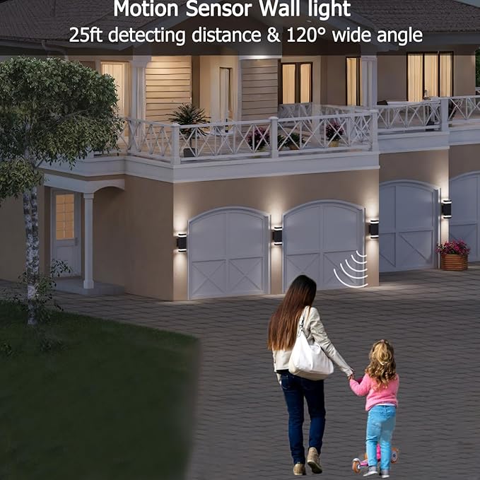 rosykite Motion Sensor Outdoor Wall Lights, Dusk to Dawn Exterior Light Fixtures with 3 Modes, Modern Up Down Wall Sconce, Waterproof Aluminum Porch Light for Garage, Patio, Front Door