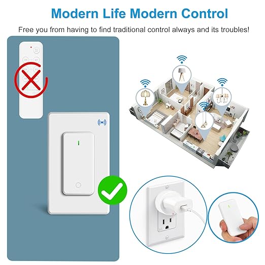 GreenCyle 4 Plug-in Light Switches with 1 Remote, Wireless Remote Control Light Bulb with Wall Switch, 15A/1500W, TUV List, No Wiring, 500ft RF Range, for Lamps, Household