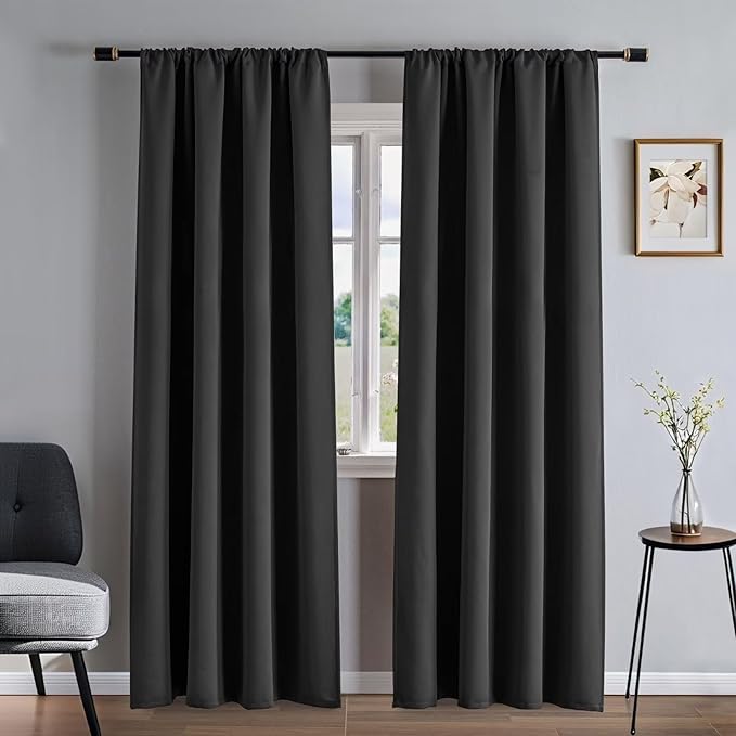 Blackout Curtains 84 Inch Length 2 Panels Set, Dark Grey Curtains Thermal Insulated Room Darkening Drapes for Bedroom, Rod Pocket Light Blocking Drapes Living Room(52W × 84L, Dark Grey)