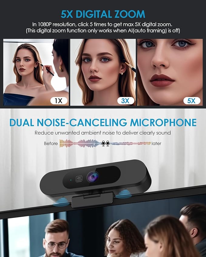 MOERTEK 4K Webcam for PC, Ultra 4K HD, AI Auto Framing, Webcam for Streaming, Auto Focus, Dual Noise Reducing Mics, 5X Digital Zoom, 92°FOV, Plug and Play, Ideal for High-End Meeting, Streaming