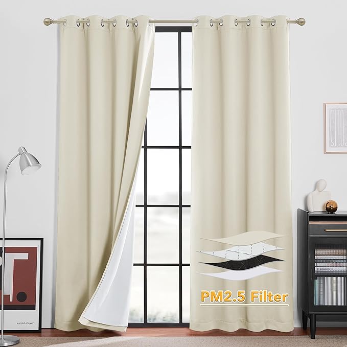 RYB HOME 4-in-1 Dust Filtering Soundproof Blackout Insulating Privacy Window Curtains for Nursery Bedroom Living Room Rivider Sound Absorption Sheet, Beige, W52 x L95 inch, 2 Panels
