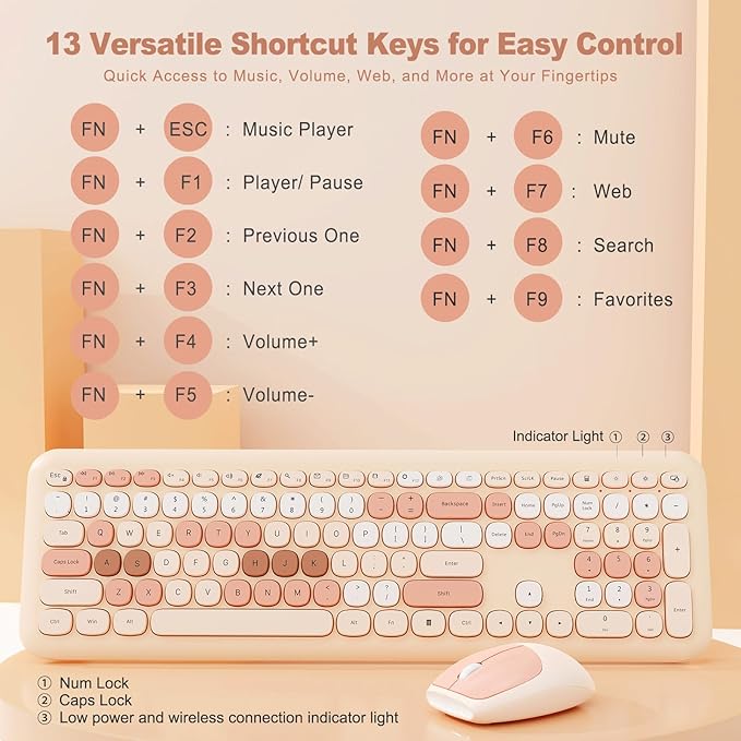 Nowlike Wireless Keyboard and Mouse Combo, Retro Typewriter Keyboard with Round Keycaps, Full-Size Ergonomic, Brown, Ideal for Windows PC, Home, Office, and College, Wireless Keyboard Mouse Combo