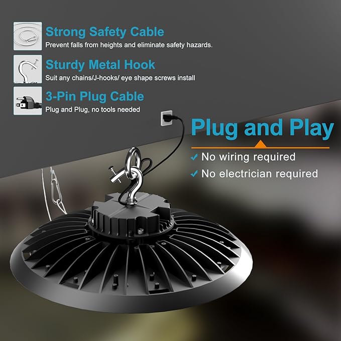 ACOHOOK 420W LED High Bay Light 5000K Daylight UFO Commercial Bay Light AC100-277V, 63000LM (1680W MH/HPS) High Bay LED Shop Lights with Plug and US Hook-4Pack