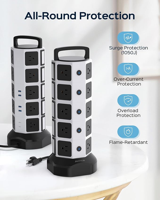 Power Strip Tower Surge Protector, 20 Outlets 6 USB (2 USB C) Charging Station, Extension Cord with Multiple Outlets, 1050J 1625W/13A Outlet Extender 6.5ft Extension Cord for Home Office