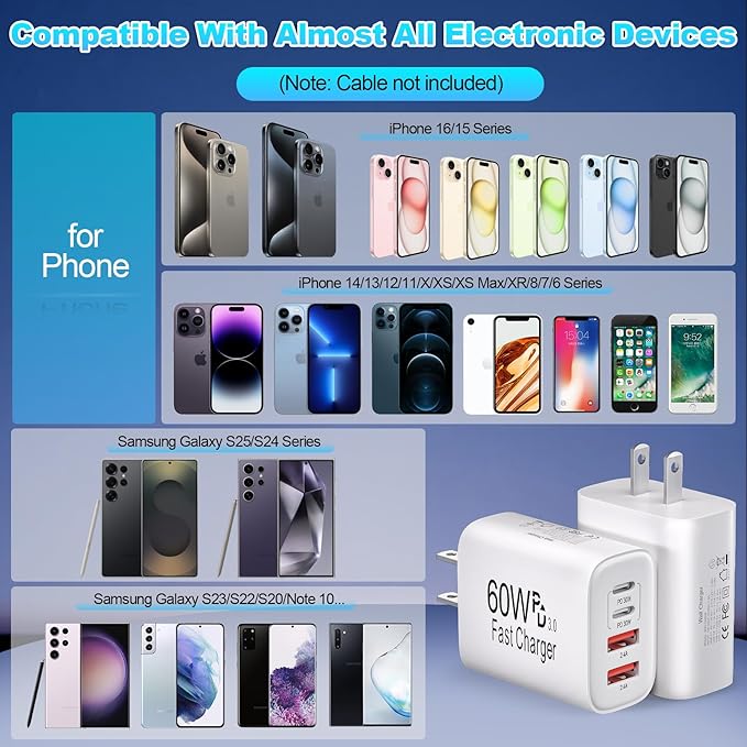 60W USB C Charger Block Fast Charging,2Pack 4Port Type C Charger Fast Charging Blocks 2 Type-C & 2 USB-A Ports Power Adapter for iPhone 17/17 Air/16/15/14/13/12/11 Pro Max/XS/XR/8/7/6,iPad,Samsung