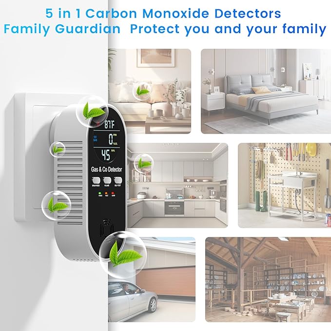 5 in 1 Carbon Monoxide Detectors Plug in with Temperature Humidity Sensor Built in Battery Backup, Natural Gas Leak Detector with Clear LED Display Sound & Light Warning for Home/Hotel, 2Pcs, Black.