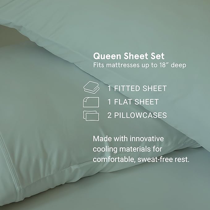 SHEEX - Original Performance Sheets Set (Queen) Serene Green - Cooling Sheets - Moisture Wicking - 1 Flat Cooling Sheet, 1 Fitted Cooling Sheet, 2 Pillow Covers - Wrinkle Free - Sleep Aid