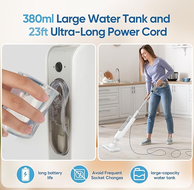 Mxnsewr Steam Mop All-in-one Multi-Functional Powerful Steam Cleaner, Handheld Detachable Floor Steamer with 2 Steam Level, 380ML Water Tank & 23FT Power Cord for Whole Home Use（White)