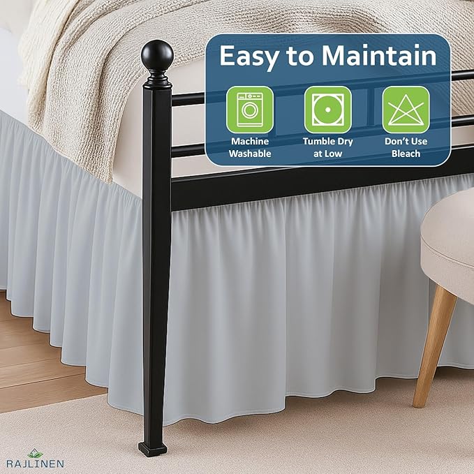 Rajlinen Ruffled Bed Skirt Queen, 21 Inch Drop Dust Ruffle with Split Corners, 100% Microfiber Bedskirt with Platform, Three-Sided Coverage Ruffled Gathering Design, Light Grey