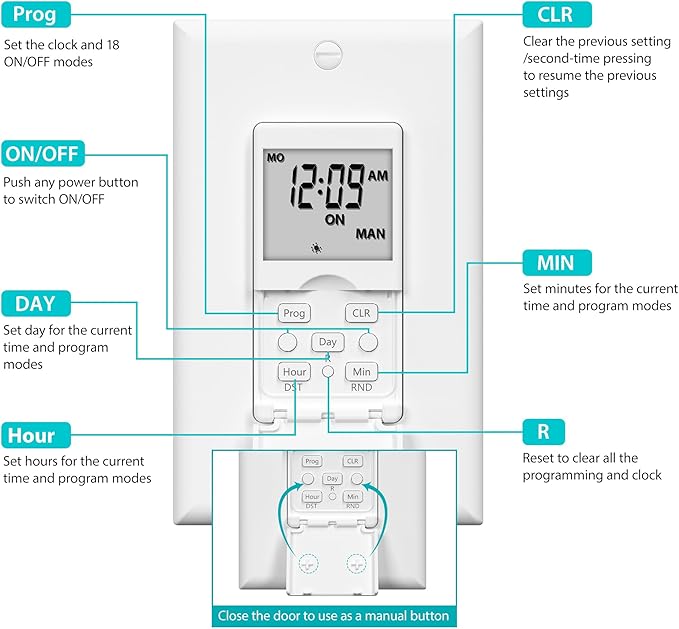 BN-LINK 7 Day Programmable in-Wall Timer Switch for Lights, Digital Light Switch Timer Indoor, Single Pole and 3 Way (Compatible with SPDT) Both Use, Neutral Wire Required, No Backlight, ETL Listed