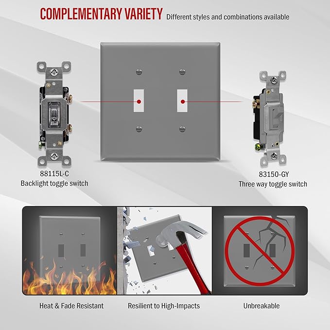 ENERLITES Double Light Switch Wall Plate, Toggle Switch Plate, Gloss Finish, 2-Gang Mid-Size 4.88" x 4.92", Unbreakable Polycarbonate Thermoplastic, UL Listed, 8812M-GY, Gray