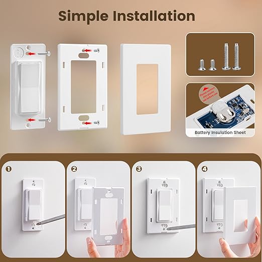 SURAIELEC Wireless Light Switch & Receiver Kit, 15A RF Remote Control Wall Switch, 100ft Range, Push-in Terminal Wiring, Expandable, Ultra-Thin Mini Size, Quick Installation (Neutral Wire Required)