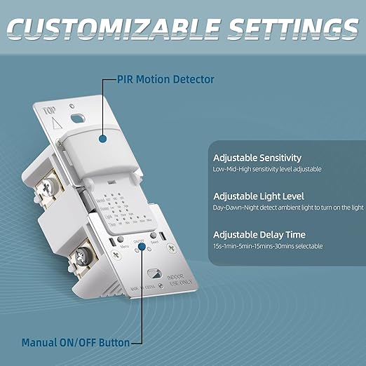 ECOELER PIR Motion Sensor Light Switch, Occupancy Motion Detector Wall Switch with Sensitivity & Delay Adjustable, Neutral Wire Required, Single Pole, for Hallway, Bathroom, Storage Room, 4 Pack