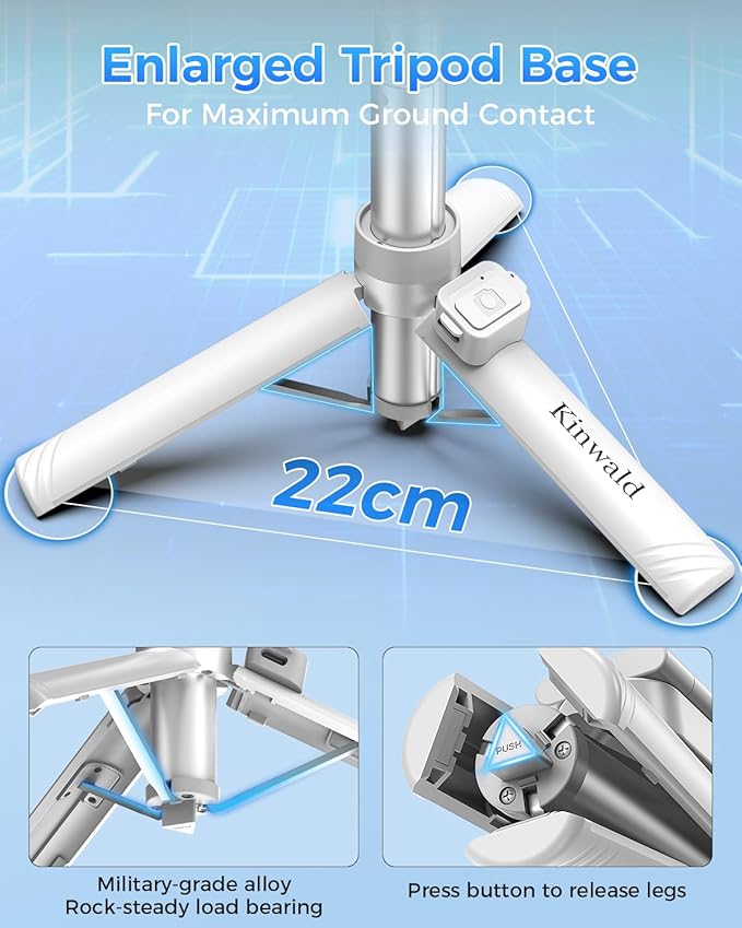Kinwald 3-in-1 Phone Tripod with LED Lights & Remote, Extendable Selfie Stick Tripod Stand, Compact Portable with Bluetooth Remote for iPhone/Android Vlogging & Photography (White)