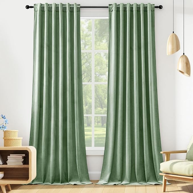 Sage Green Velvet Curtains 102 Inches Long for Bedroom, Super Soft Room Darkening Thermal Insulated Curtains Luxury Window Drapes for Living Room Nursery, Back Tab Rod Pocket, W52 x L102, 2 Panels