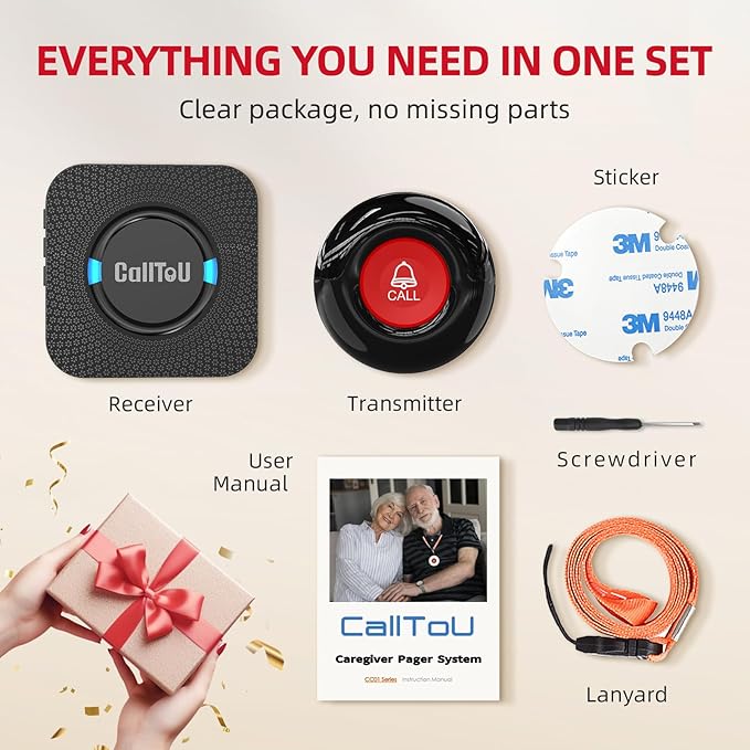 CallToU Caregiver Pager Wireless Call Bell Alert Button for Seniors/Elderly/Patients 1 Plugin Receiver 1 Waterproof Transmitter