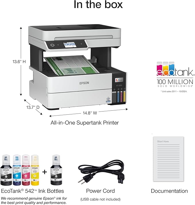 Epson EcoTank Pro ET-5150 Wireless Color All-in-One Supertank Printer with Scanner, Copier, Plus Auto Document Feeder, Large, White