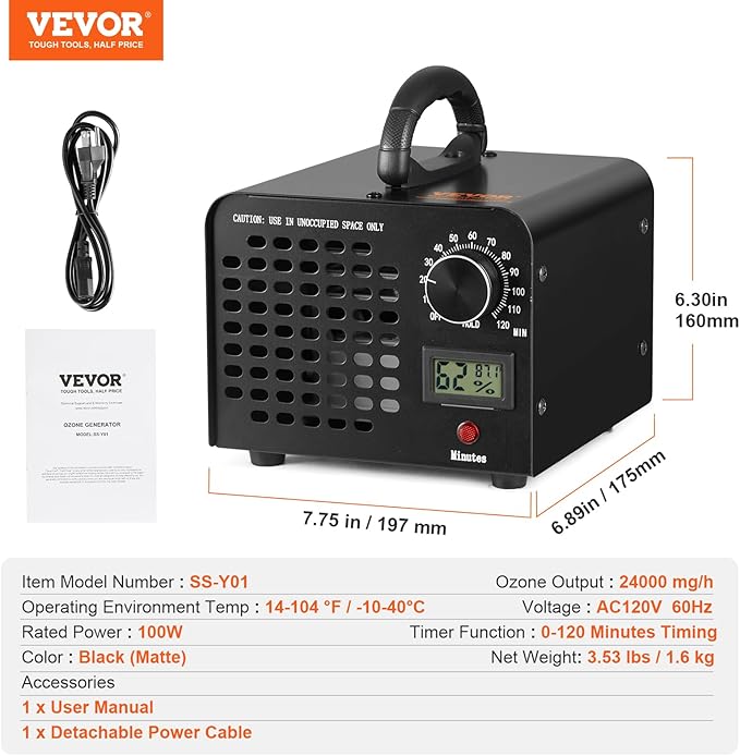 VEVOR Ozone Generator, 24000mg/h Ozone Machine, High Capacity Commercial/Industrial Ozone Generator Machine with 0-120 min Time Setting for Rooms, Cars