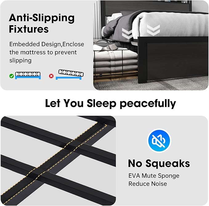Queen Bed Frame with Storage Headboard and 4 Drawers, Metal Platform Bed Frame with LED Light, Charging Station, No Box Spring Needed, Noise Free, Easy Assembly,Charcoal Grey