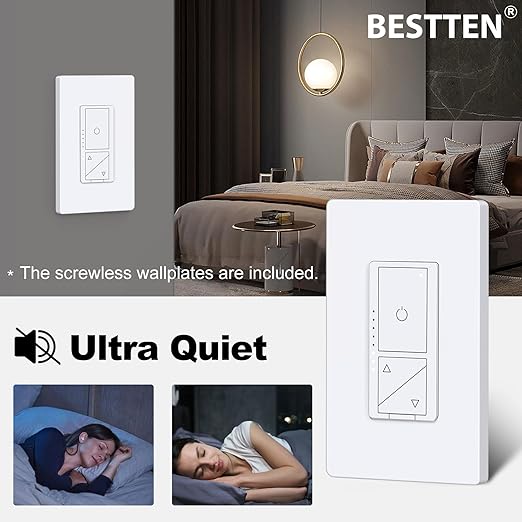 BESTTEN 5 Pack Super Slim Digital Dimmer Light Switch with Screwless Wallplate, Single Pole or 3 Way Dimmer with Air Gap Power Cut Off Switch, 3 Button Control, ETL Listed, White