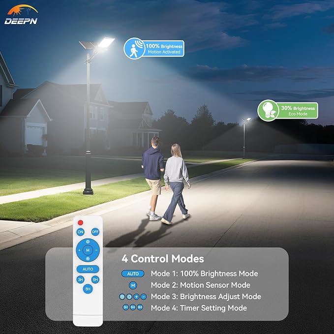 Deepn Solar Street Light 12000W Aluminum Commercial Grade Solar Parking Lot Lights with Motion Sensor & Dusk to Dawn IP67 Waterproof Heavy Duty Security Flood Lights for Street, Yard, SZ4000, 1Pack