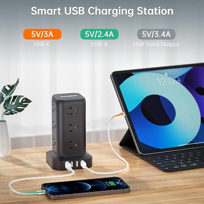 2 Pcs Power Strips with Surge Protection, 6.5 FT Extension Cord with Multiple Outlets, 12 AC 4 USB (1 USB C), Surge Protector Power Strip Tower Overload Protection for Home Office Desk