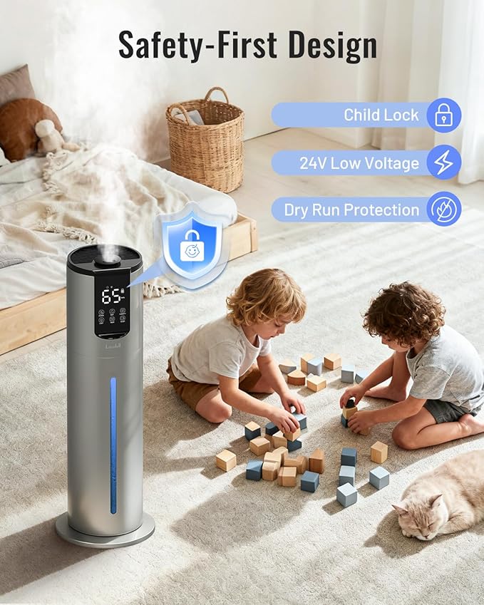 Lacidoll 8L Humidifiers for bedroom, Humidifiers large room up to 500 sq ft, Easy to Clean Humidifier with Washable Parts, Ultrasonic Cool Mist Humidifier for Home Plants Baby Nursery Office, Grey