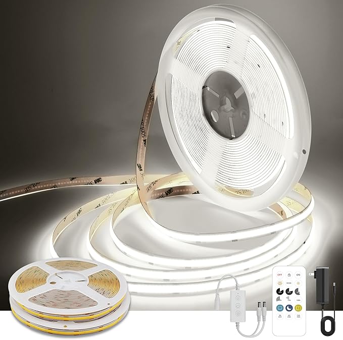 Pandery COB LED Strip Lights Cool White,24V Dimmable led Light Strip KIT with Remote and app Control,6000K 65FT/20m 8mm Wide Ra>90 Cuttable Flexible Strip Lights for Bedroom,Shelf,Cabinet