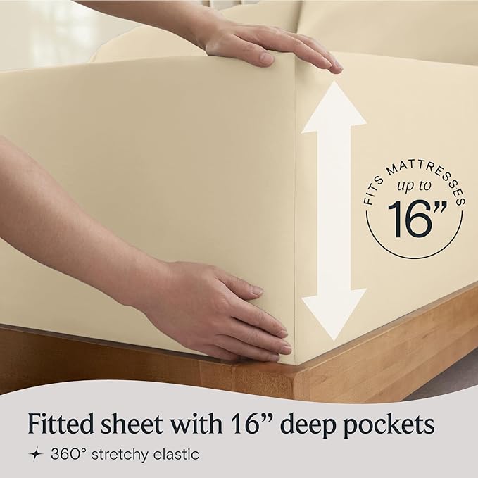 LuxClub 4 PC Queen Sheet Set, Deep Pockets Wrinkle Free Cooling Bed Sheets Hotel Bedding for Women, Men, Includes 1 Fitted Sheet, 1 Flat Sheet and 2 Pillowcases-Cream