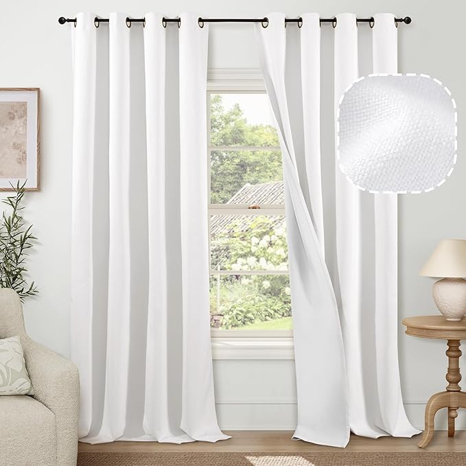 Blackout Curtains for Living Room 95 Inch Length 2 Panels Set, Thermal Insulated 100% Black Out Privacy Soundproof Grommet Farmhouse Linen Window Curtains for Bedroom Darkening, White, Each 52”Wide